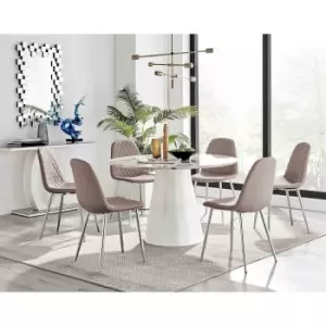 Furniture Box Palma White Marble Effect Round Dining Table and 6 Cappuccino Corona Silver Chairs