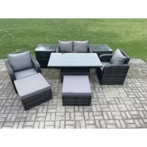 Fimous 4 Seater Outdoor Dark Grey Rattan Lounge Complete Sofa Set with Adjustable Table, 2 Side Tables and 2 Big Footstool