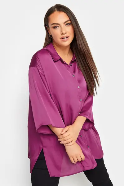 Yours 3/4 Sleeve Satin Shirt Magenta