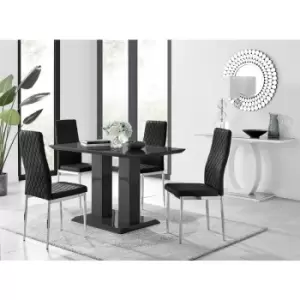 Furniturebox Imperia 4 High Gloss Black Modern Dining Table and 4 Black Milan Faux Leather Dining Chairs With Silver Legs Diamond Stitch Modern