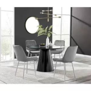 Furniture Box Palma Black Semi Gloss Round Dining Table and 4 Grey Pesaro Silver Chairs