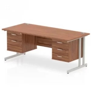 Impulse 1600 Rectangle Silver Cant Leg Desk WALNUT 1 x 2 Drawer 1 x 3 Drawer Fixed Ped