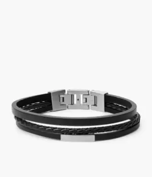 Fossil Men Multi-Strand Silver-Tone Steel and Black Leather Bracelet