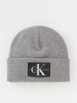 Calvin Klein Jeans Monologo Patch Non-Rib Knitted Beanie Hat - Grey, Men