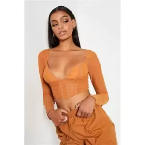 I Saw It First Rust Mesh Corseted Long Sleeve Top - Orange