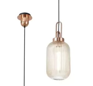 1 Light Pendant E27 With 20cm Tubular Ribbed Glass, Champagne Copper, Matt Black