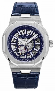 Rotary Mens Regent Automatic Blue Skeleton Dial Watch