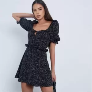 I Saw It First Polka Dot Puff Sleeve Frill Mini Skater Dress - Black