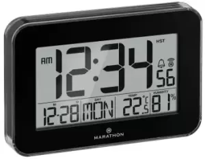 Marathon Clock Crystal Framed Atomic Wall Temperature & Humidty Black