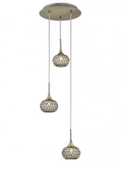 Ceiling Cluster Pendant 3 Light Round Antique Brass, Clear Glass