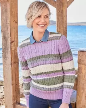 Cotton Traders Womens Cutest Cable Stripe Crew Neck Jumper in Green