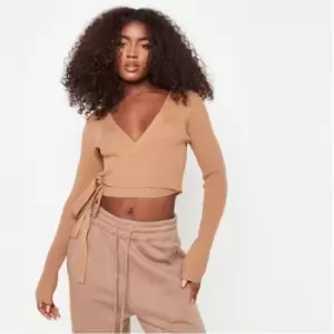 Missguided Rib Wrap Front Knit Crop Top - Brown