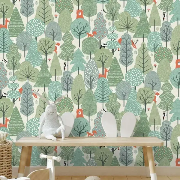 YOL Muriva Sage Green Wild Woodland Wallpaper Kids Nursery Feature Wall WL-M51604