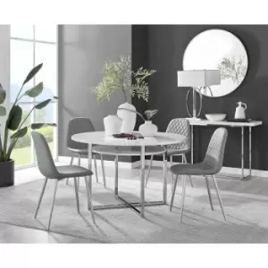 Furniturebox Adley White High Gloss 120cm Storage Dining Table & 4 Grey Corona Faux Leather Dining Chairs with Silver Legs Diamond Stitch