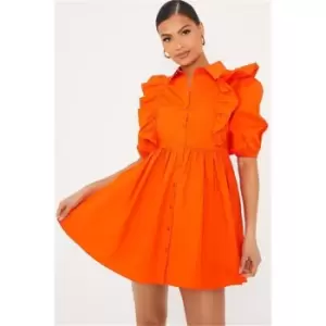 I Saw It First Orange Cotton Poplin Puff Sleeve Frill Detail Smock Dress - Orange