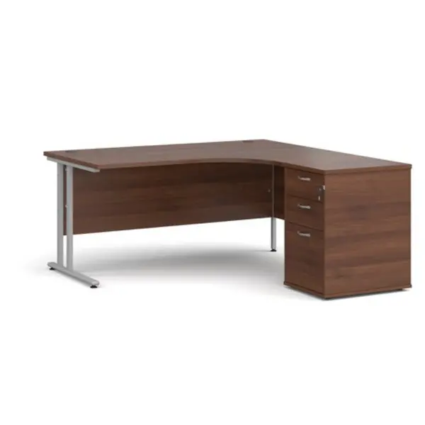 Office Desk Right Hand Corner Desk 1600mm With Pedestal Walnut Top With Silver Frame Maestro 25