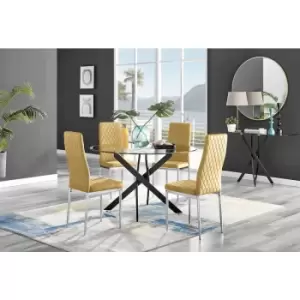 Furniturebox UK - Furniturebox Novara Black Leg 120cm Round Glass Dining Table & 4 Mustard Milan Velvet Dining Chairs Diamond Stitch Modern