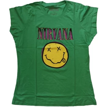 Nirvana - Xerox Smiley Pink Womens Small T-Shirt - Green