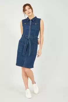 Blue Sleeveless Denim Stretch Utility Dress