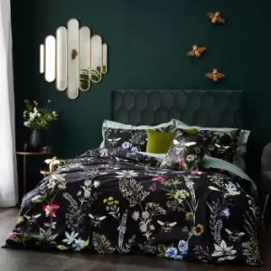 Midnight Bee Floral Digital Print Velvet Duvet Cover Set, Black, Double - Wylder