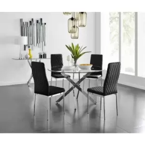 Furniturebox UK - Furniturebox Novara 120cm Round Dining Table and 4 Black Milan Velvet Dining Chairs Diamond Stitch Modern Contemporary Chrome Metal