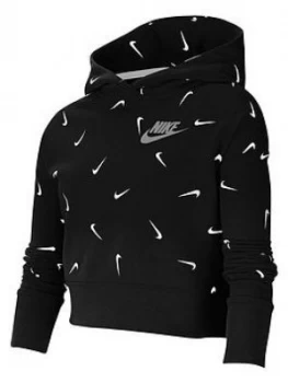 Nike Older Girls Crop Printed Hoodie - Black/Grey, Size S, 8-10 Years, Women