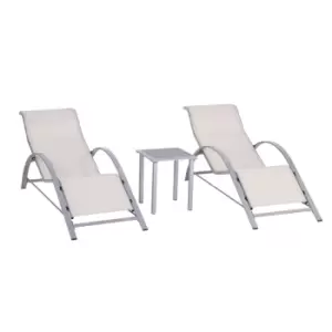 Outsunny Rattan 3 Pieces Lounge Chair Set Garden Sunbathing Chair W/ Table Cream