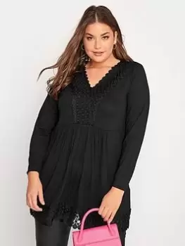 Yours Long Sleeve Crochet Trim Tunic. Black, Size 22-24, Women