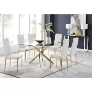 Furniturebox Leonardo 150cm Modern Glass And Gold Metal Dining Leg Table And 6 White Milan Faux Leather Gold Leg Dining Chairs