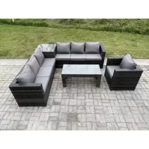 Fimous 7 Seater Outdoor Dark Grey Rattan Lounge Complete Sofa Set with Square Side Table and Rectangular Coffee Table