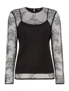 DKNY Long sleeve lace detail top Black