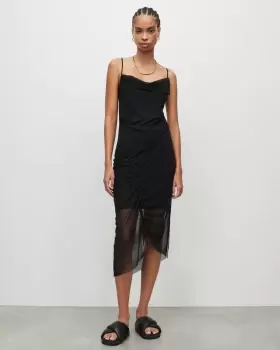 AllSaints Ulla Square Neck Mesh Draped Midi Dress