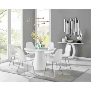 Furniture Box Palma White High Gloss Round Dining Table and 6 White Corona Silver Chairs