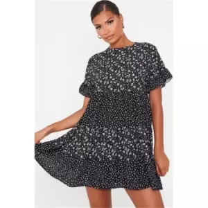 I Saw It First Black Woven Floral Polka Dot Tiered Smock Dress - Black