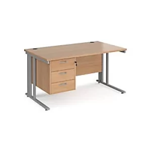 Rectangular Straight Desk Beech Wood Cantilever Legs Silver Maestro 25 1400 x 800 x 725mm 3 Drawer Pedestal