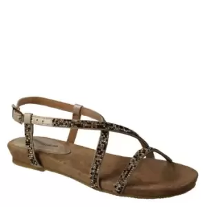 Leather Lined Collection Cross Over Strap Diamante Upper Leather Lined Flat Sandal - Brown