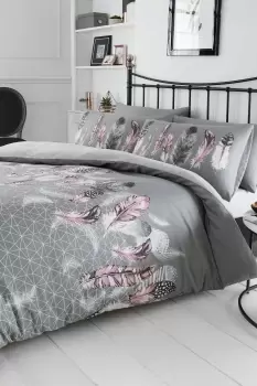 Feathers Reversible Duvet Set - Size: Double - Grey - Print