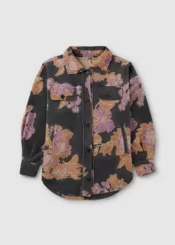 Free People Womens Ruby Floral Print Fleece Jacket In Charcoal