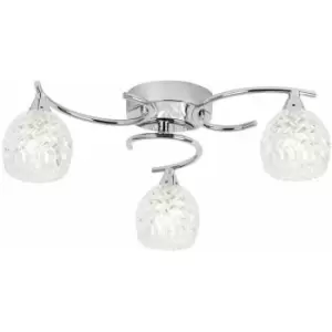 Loops - Semi Flush Ceiling Light Chrome Textured Glass 3 Bulb Hanging Pendant Lamp Shade