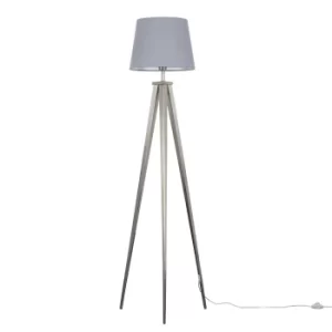 Nero Brushed Chrome Tripod Floor Lamp with Grey Aspen Shade