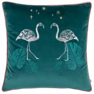 Dusk Flamingo Embroidered Piped Velvet Cushion Teal, Teal / 50 x 50cm / Polyester Filled