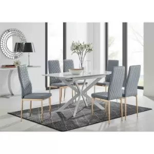 Furniture Box LIRA 120 Extending Dining Table and 6 Grey Gold Leg Milan Chairs