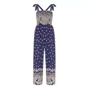 Mela London Navy Daisy Border Shirred Tie Jumpsuit - Blue