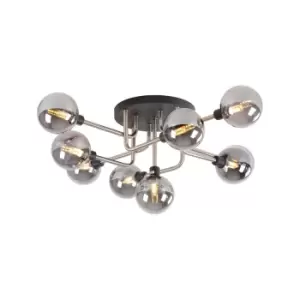 Humphrey Flush Ceiling Lamp, 9 Light G9, Graphite, Satin Nickel, Smoke Glass