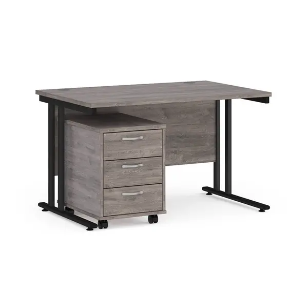 Maestro 25 Straight Desk Black Frame Grey Oak Table Top and 3 Drawer Pedestal - 1200mm