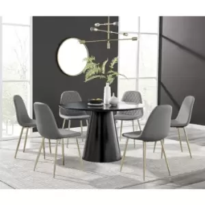 Furniturebox Palma Black Semi Gloss 120cm Round Minimalist Dining Table & 6 Black Corona Faux Leather Dining Chairs with Gold Legs Diamond Stitch