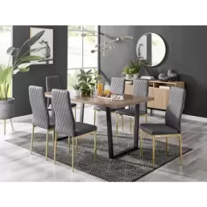 Furniturebox UK - Furniturebox Kylo Brown Wood Effect Dining Table & 6 Grey Milan Velvet Dining Chairs With Gold Legs Diamond Stitch Modern