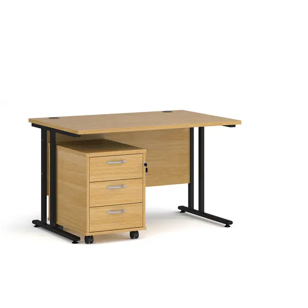 Maestro 25 Straight Desk Black Frame Oak Table Top and 3 Drawer Pedestal - 1200mm