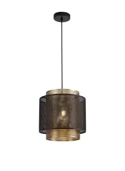 Single Large Ceiling Pendant, 1 Light Adjustable E27, Matt Black, Satin Gold