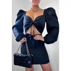 I Saw It First Black Woven Cut Out Tie Front Puff Sleeve Bodycon Dress - Black